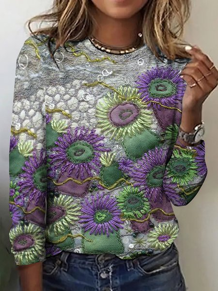 

Casual Floral Crew Neck Short Sleeve T-shirt, Light gray, T-shirts