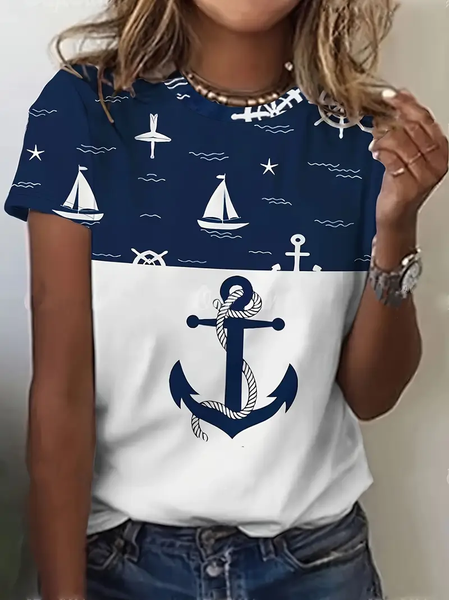 

Women's Anchor Short Sleeve Tee T-shirt Crew Neck Printing Casual Summer Graphic Tee Top, Purplish blue, T-Shirts