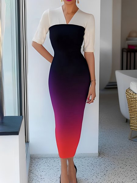 

Elegant Color Block Split Joint V Neck Maxi Dress, As picture, Maxi Dresses