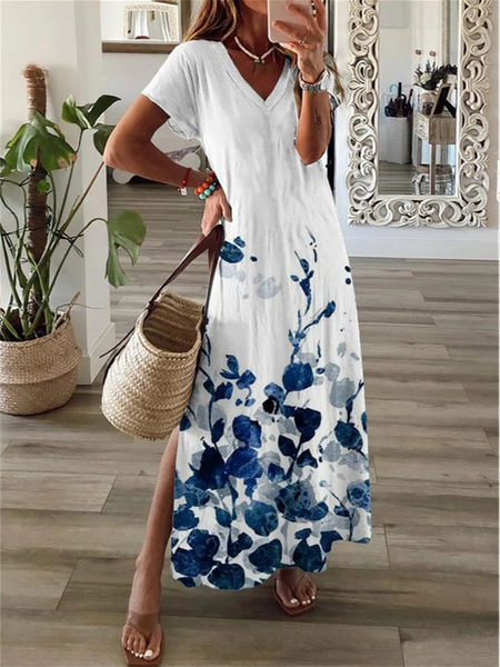 

Women's Floral Spring Short Sleeve V-Neck Slit Dress, White, Maxi Dresses