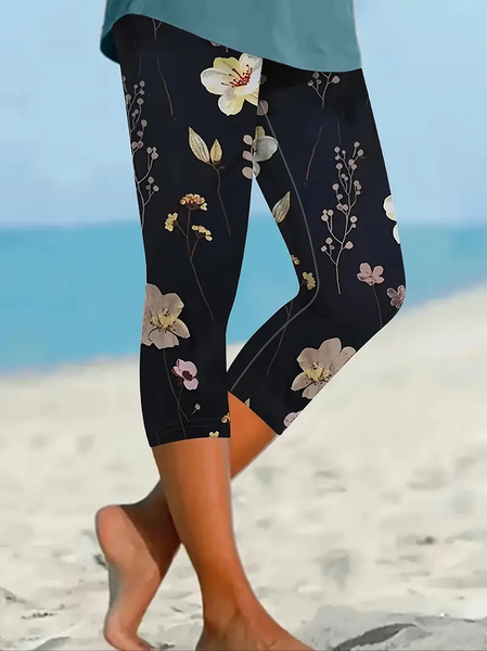 Women's Floral Capris Elastic Waist Pant Casual Summer Trousers, Black, Leggings
