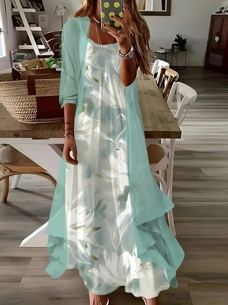 

Women Floral Crew Neck Three Quarter Sleeve Comfy Casual Printing Dress With Coat Two-Piece Set, Green, Sets