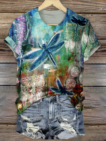 

Casual Animal Crew Neck Short Sleeve T-shirt, Blue, T-shirts