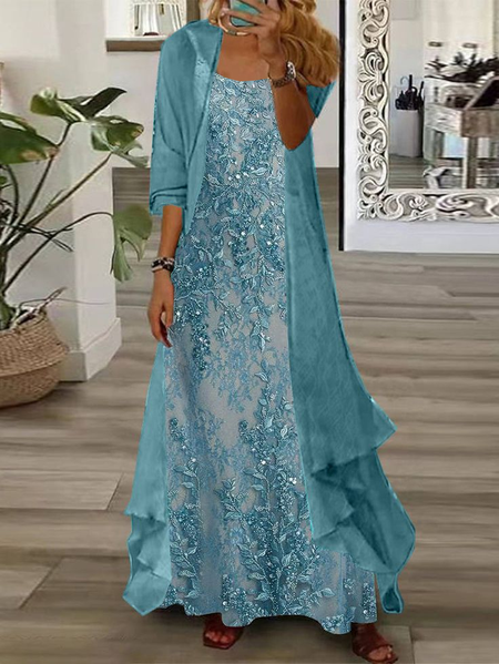

Women Floral Crew Neck Three Quarter Sleeve Comfy Casual Printing Dress With Coat Two-Piece Set, As picture, Sets