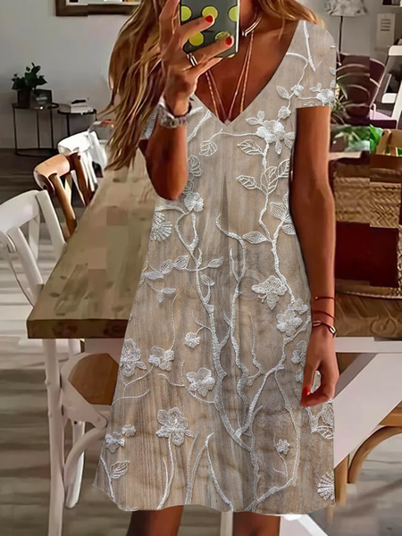

Women's Floral Short Sleeve Summer Printing Dress V Neck Daily Casual Knee Length T-Shirt Dress H-Line Dress, As picture, Casual Dresses