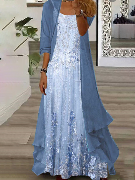 

Women Floral Printing Two-Piece Set Daily Three Quarter Sleeve Casual Spring/Fall Dress With Coat Matching Set, Blue, Suit Set