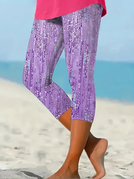 Women's Striped Capris Elastic Waist Pant Casual Summer Trousers, Purple, Leggings