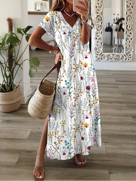 

Women's Floral Spring Short Sleeve V-Neck Slit Dress, White, Maxi Dresses