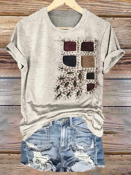 

Casual Geometric Crew Neck Short Sleeve T-shirt, As picture, T-shirts