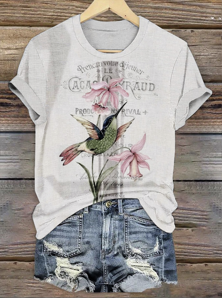

Casual Floral Crew Neck Short Sleeve T-shirt, Light gray, T-shirts