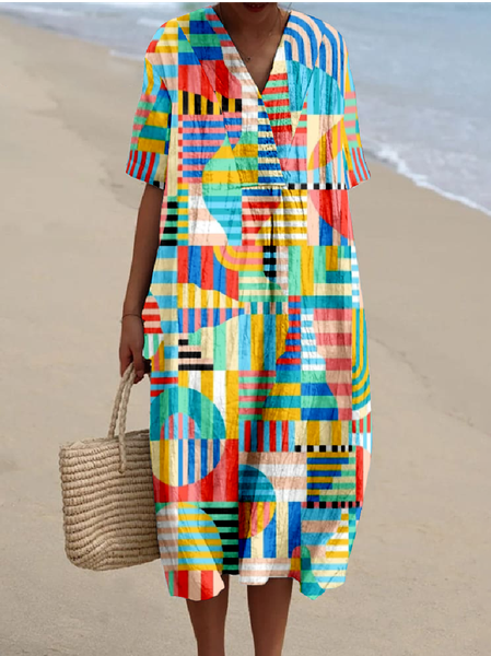 

Vintage V Neck Multicolor Block Cotton-Blend Dress With No, Green, Dresses