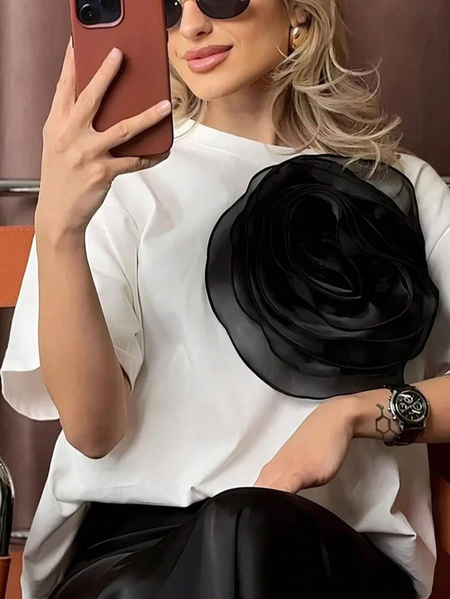 

Cotton Casual Color Block 3D Floral T-shirt, White, Tees