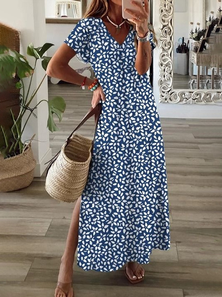 

Women Floral V Neck Short Sleeve Comfy Casual Printing Maxi Dress, Purplish blue, Dresses