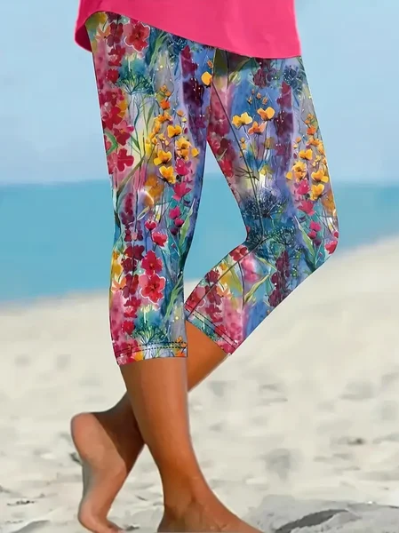 

Women's Floral Capris Elastic Waist Pant Casual Summer Trousers, As picture, Leggings