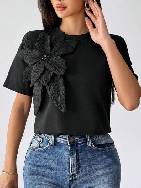 Cotton Casual Plain 3D Floral T-shirt, Black, Tees