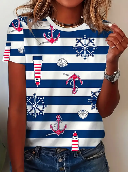 

Women's Anchor Stripe Print Crew Neck Short Sleeve T-Shirt, Blue, T-shirts