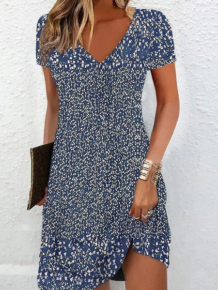 

Women Ditsy Floral Short Sleeve Summer Printing Dress V Neck Daily Casual Knee Length T-Shirt Dress H-Line Dress, Purplish blue, Casual Dresses