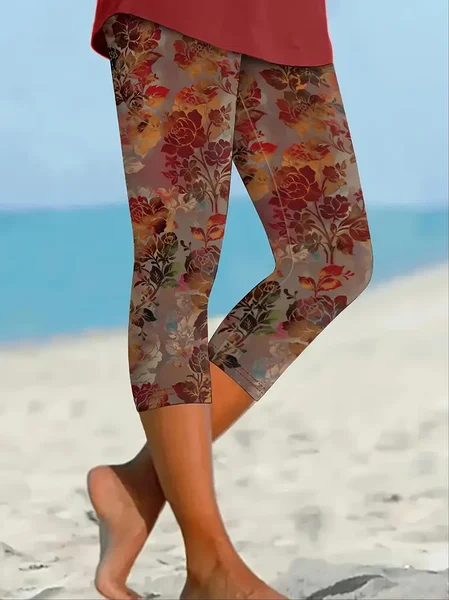 

Women's Floral Capris Elastic Waist Pant Casual Summer Trousers, As picture, Leggings