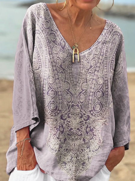 

Casual Geometric V Neck Long Sleeve T-shirt, As picture, T-shirts