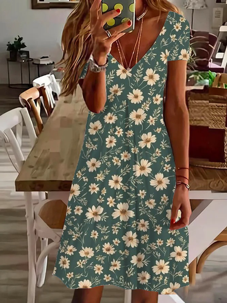 

Women's Floral Short Sleeve Summer Printing Dress V Neck Daily Casual Knee Length T-Shirt Dress H-Line Dress, Green, Casual Dresses
