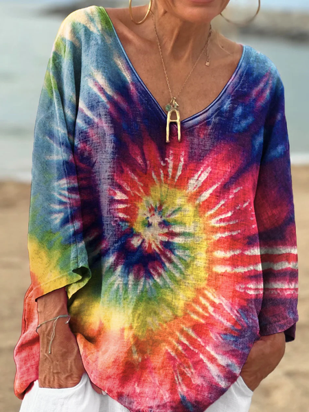 

Casual Tie Dye V Neck Long Sleeve T-shirt, As picture, T-shirts