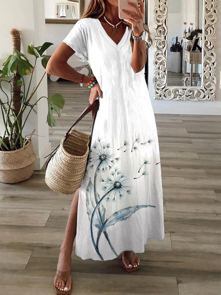 

Women's Floral Spring Short Sleeve V-Neck Slit Dress, White, Maxi Dresses