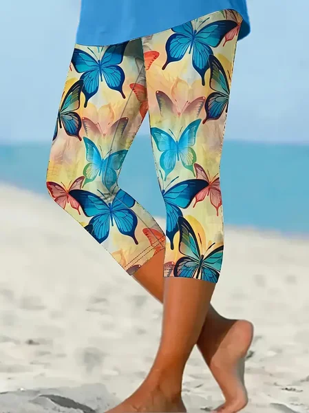 

Women's Butterfly Capris Elastic Waist Pant Casual Summer Trousers, As picture, Leggings