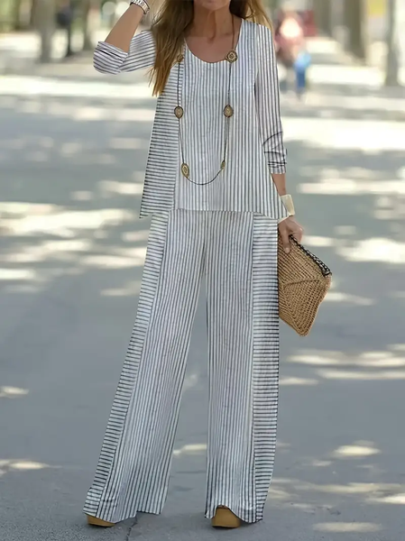 

Women Striped Crew Neck Long Sleeve Comfy Casual Printing Top With Pants Two-Piece Set, As picture, Sets