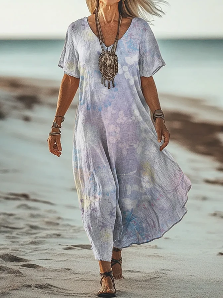 

Women Floral V Neck Short Sleeve Comfy Vintage Maxi Dress, As picture, Dresses