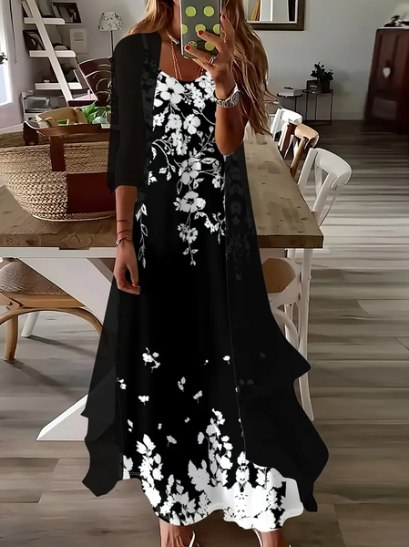 

Women Floral Crew Neck Three Quarter Sleeve Comfy Casual Printing Dress With Coat Two-Piece Set, Black, Sets