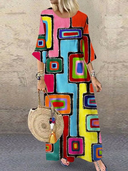 

Women Geometric Crew Neck Short Sleeve Comfy Vintage Maxi Dress, Multicolor, Maxi
