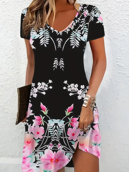 

Women's Floral Short Sleeve Summer Printing Dress V Neck Daily Casual Knee Length T-Shirt Dress H-Line Dress, Black, Casual Dresses