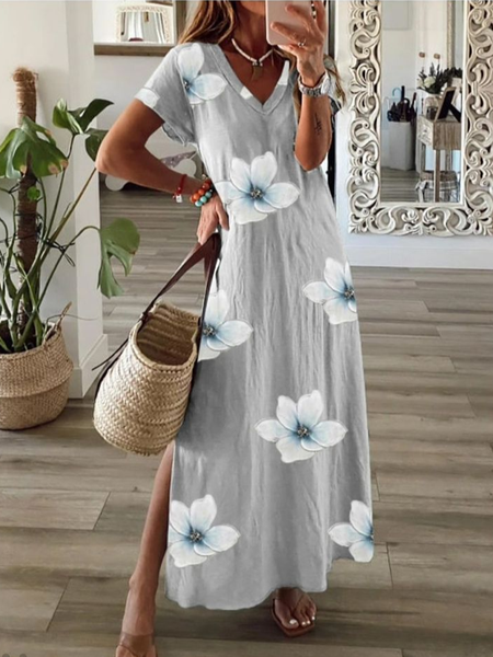 

Women's Floral Spring Short Sleeve V-Neck Slit Dress, Gray, Maxi Dresses