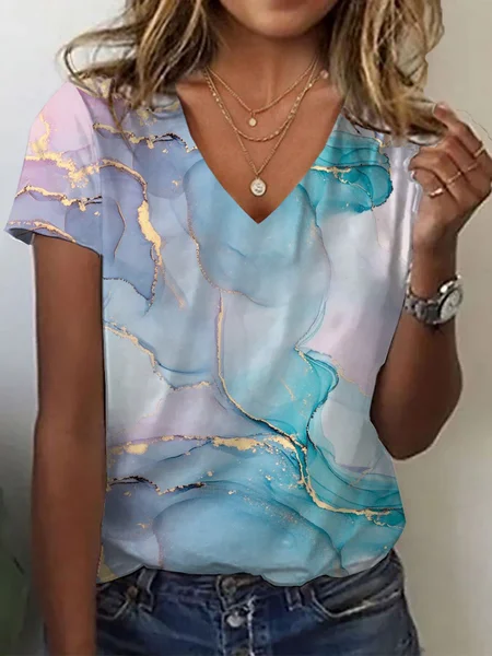 

Women's Abstract Print Casual Short Sleeve V-Neck T-Shirt, As picture, T-shirts