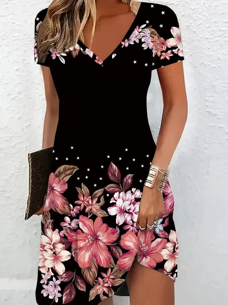 

Women's Floral Short Sleeve Summer Printing Dress V Neck Daily Casual Knee Length T-Shirt Dress H-Line Dress, Black, Casual Dresses
