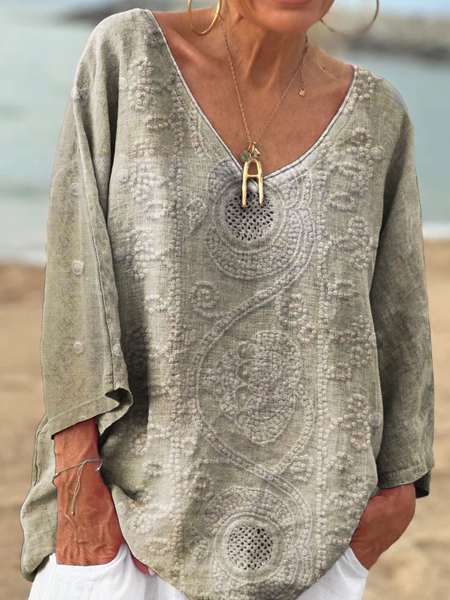 Casual Regular Fit V Neck Cotton T-Shirt, As picture, Long sleeves