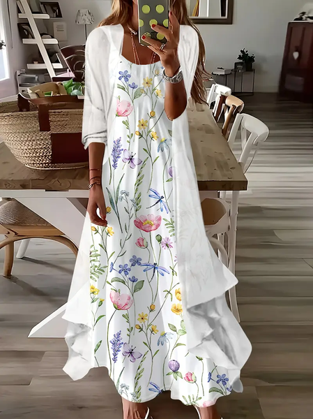 Women Floral Crew Neck Three Quarter Sleeve Comfy Casual Printing Dress With Coat Two-Piece Set, White, Sets