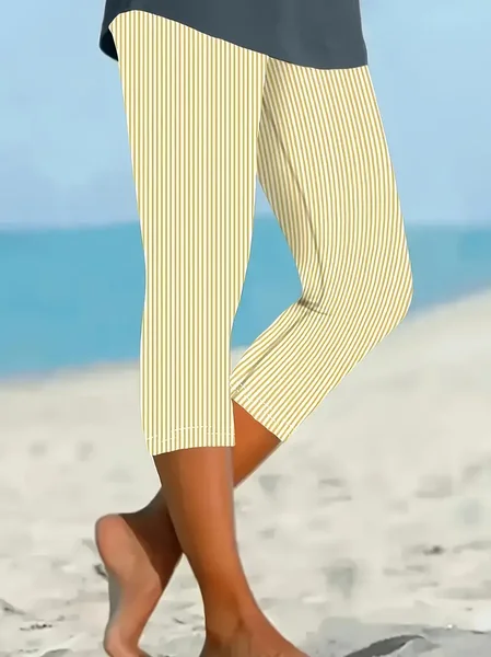 

Women's Striped Capris Elastic Waist Pant Casual Summer Trousers, Yellow, Leggings