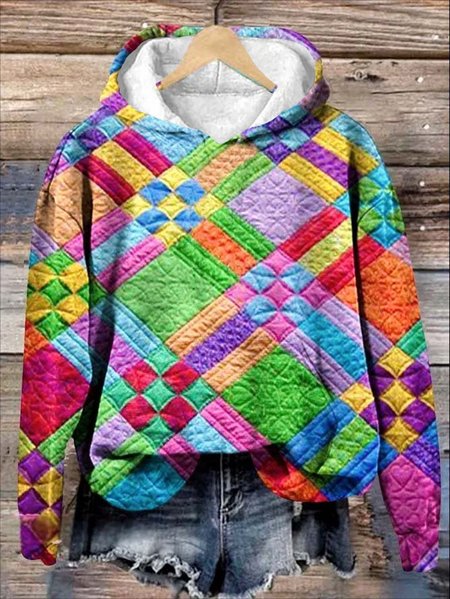 

Colorful Checkered Print Casual Hoodie Sweatshirt, As picture, Hoodies&Sweatshirts
