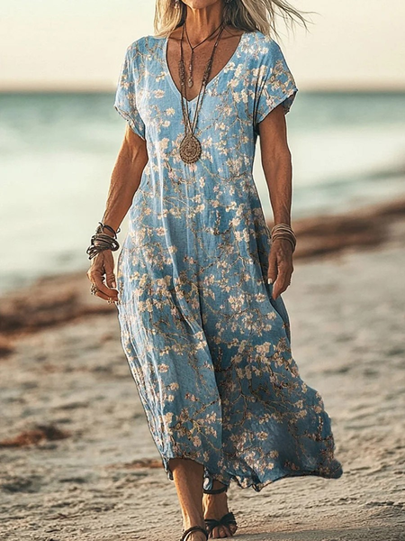 

Women Floral V Neck Short Sleeve Comfy Vintage Maxi Dress, As picture, Dresses