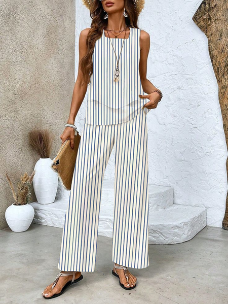 

Women's Striped Printing Two-Piece Set Daily Sleeveless Casual Summer Top With Pants Matching Set, As picture, Suit Set