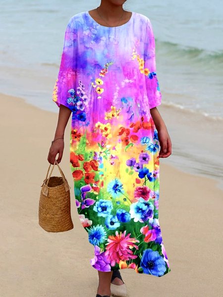 

Women Geometric Crew Neck Long Sleeve Comfy Casual Maxi Dress, Multicolor, Maxi