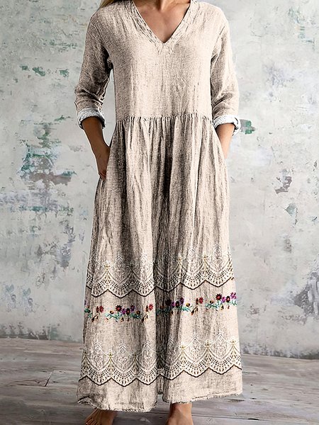 

Women Floral V Neck Long Sleeve Comfy Casual Maxi Dress, Apricot, Maxi