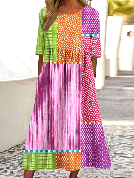 

Women Striped Crew Neck Half Sleeve Comfy Casual Maxi Dress, Pink, Maxi