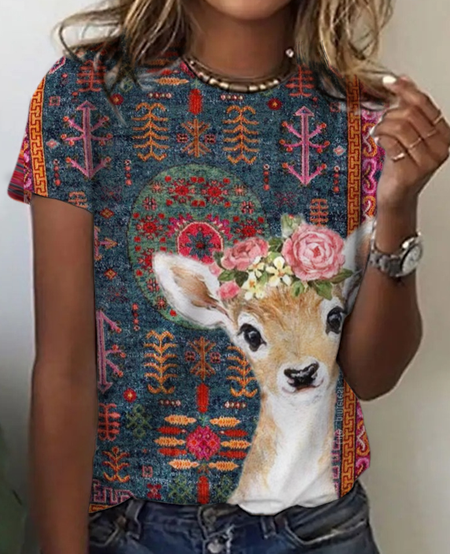 

Ethnic deer Print T-Shirt, Wine red, T-shirts