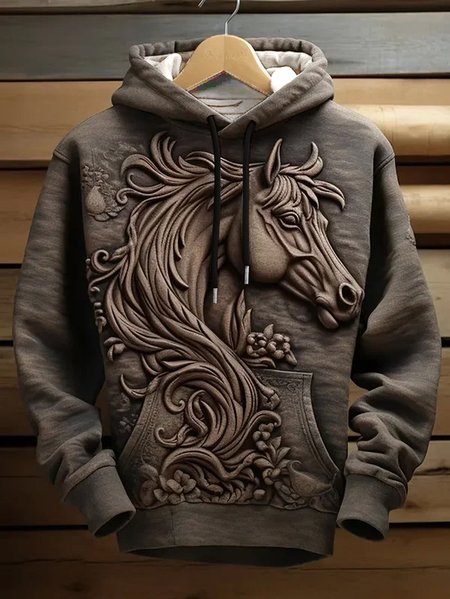 

Men's Vintage Embossed Horse Print Hoodie, Brown, Hoodies&Sweatshirts