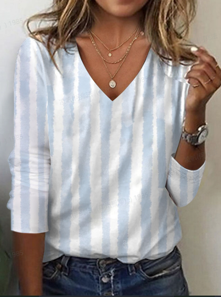 

Women's Striped Long Sleeve Tee T-shirt V Neck Printing Casual Spring/Fall Graphic Tee Top, White, T-Shirts