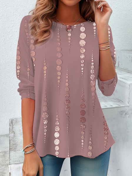 

Casual Striped Crew Neck Long Sleeve T-shirt, Pink, T-shirts