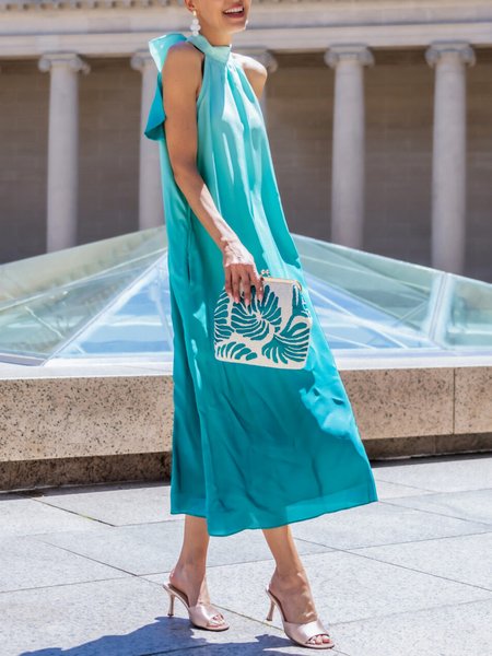 Elegant Gradient Pattern Halter Midi Dress, Blue, Midi Dresses