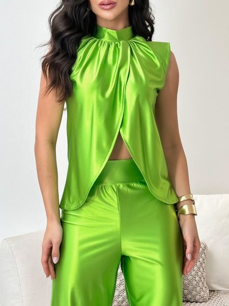 Satin Urban Plain Cross Stand Collar Tank Top, Green, Tanks and Camis